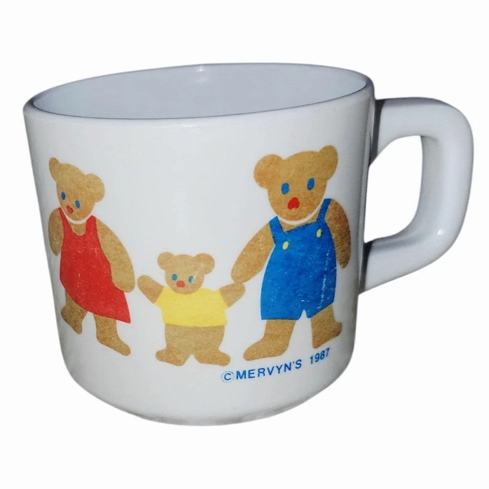 Vintage 1987 Mervyn's Teddy Bear Baby Feeding Set Plate Bowl Cup Bib Spoon